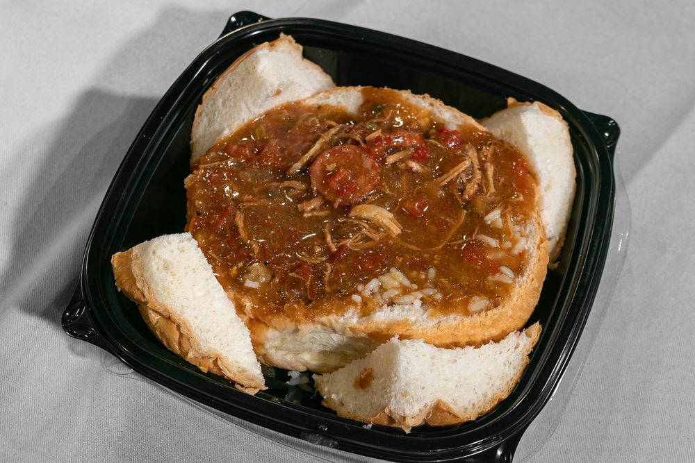 Chicken and sausage gumbo in a bread bowl